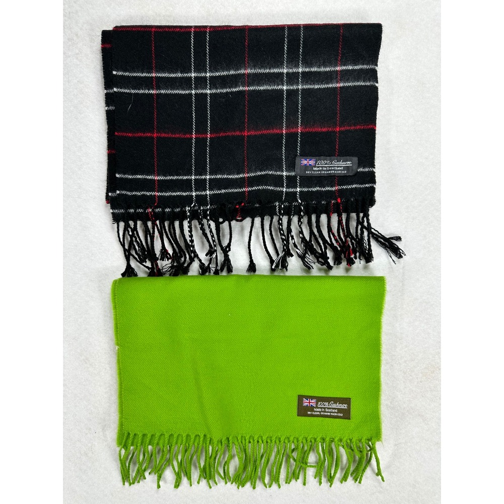 Lot of 2 100% Cashmere Scarves Made in Scotland Plaid Black Lime Green Fringe